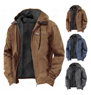 Giacca invernale da uomo con cappuccio, disponibile in marrone, blu e grigio. Design casual, chiusura a zip, tasca frontale. Ideale per l'autunno e l'inverno.