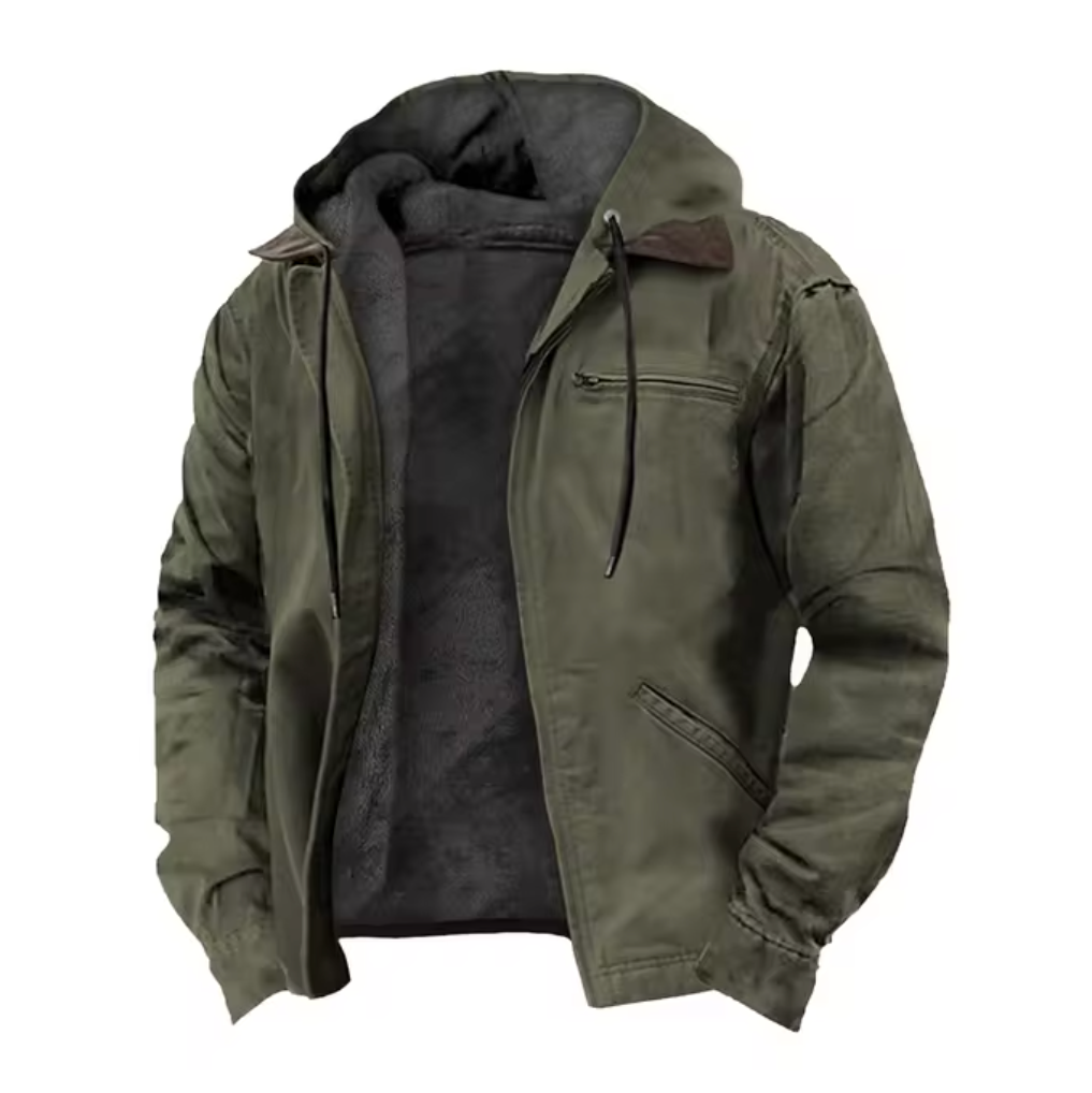 Giacca verde militare con cappuccio, foderata in pile, tasche multiple, zip frontale. Ideale per outdoor, moda uomo, abbigliamento casual.