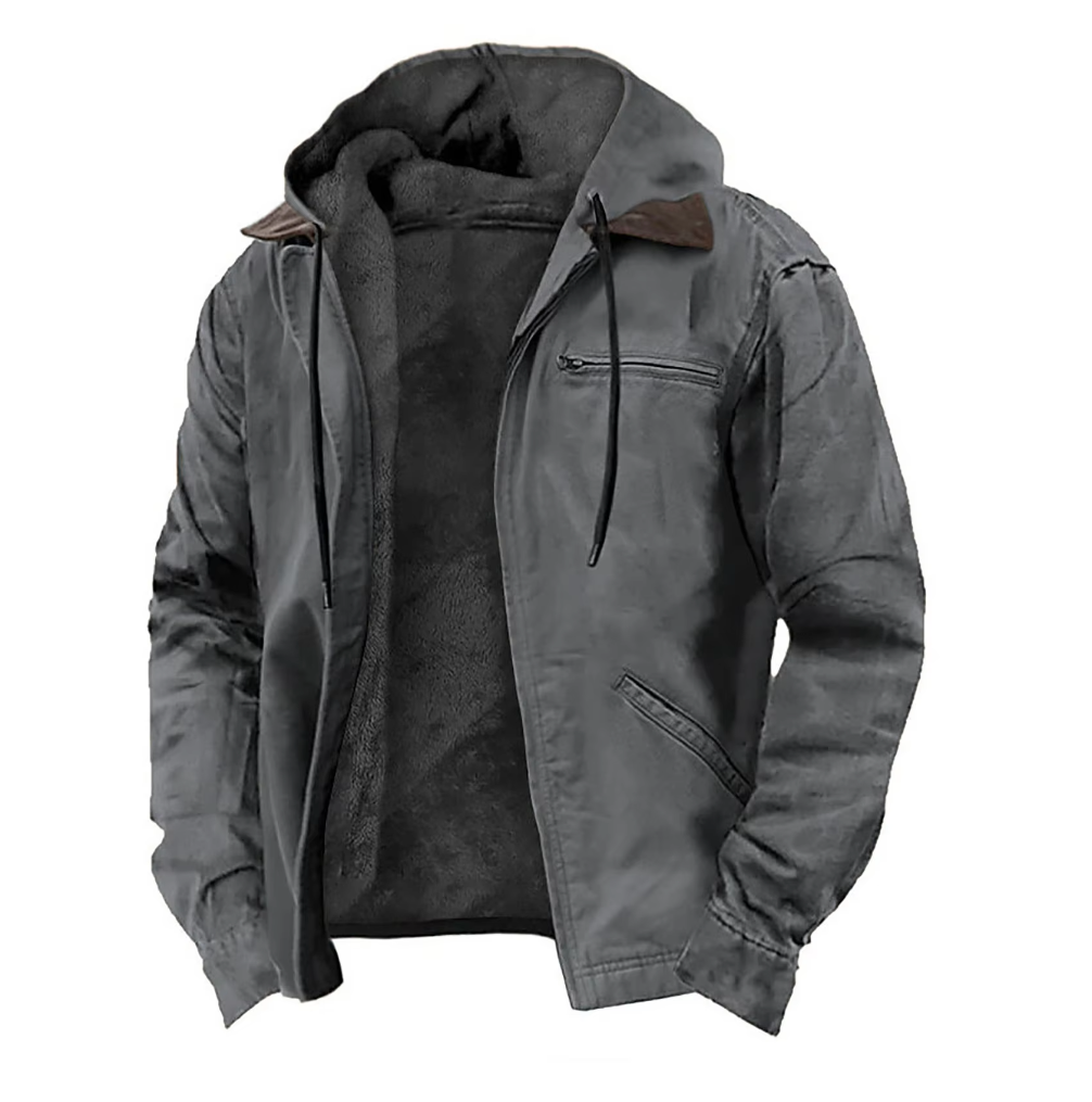 Giacca invernale uomo grigia con cappuccio, foderata in pelliccia sintetica, chiusura zip, tasche frontali. Ideale per look casual e protezione dal freddo.