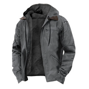 Giacca invernale uomo grigia con cappuccio, foderata in pelliccia sintetica, chiusura zip, tasche frontali. Ideale per look casual e protezione dal freddo.