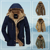 Giacca invernale da uomo con cappuccio, disponibile in blu, marrone, beige e verde. Fodera in pelliccia sintetica, ideale per climi freddi.