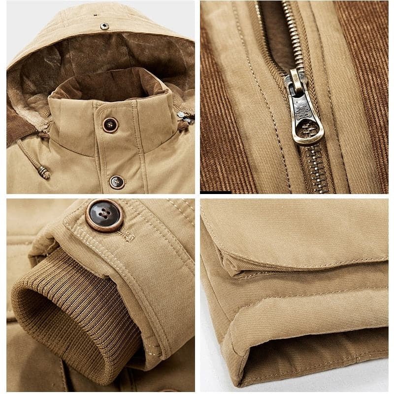 Giacca invernale beige da uomo con cappuccio, dettagli zip in metallo, polsini a coste e bottoni in legno. Tessuto resistente e caldo.