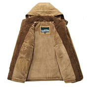 Giacca invernale da uomo in pile marrone, con cappuccio, design aperto, tasche interne, ideale per escursioni e attività all'aperto.