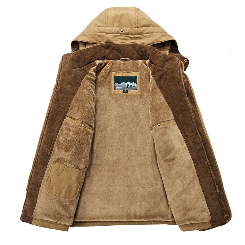 Giacca invernale da uomo in pile marrone, con cappuccio, design aperto, tasche interne, ideale per escursioni e attività all'aperto.