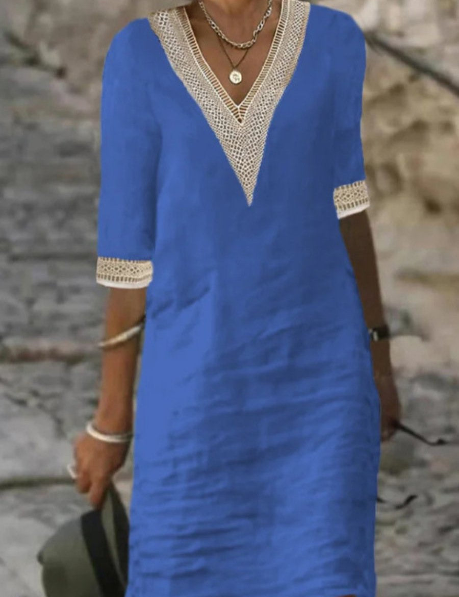 Abito estivo donna blu con scollo a V in pizzo, maniche a tre quarti, stile casual elegante, perfetto per moda estiva e look quotidiano.