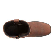 Stivaletto in pelle marrone, vista dall'alto, con punta quadrata e cerniera laterale. Calzatura elegante e comoda per uomo o donna.