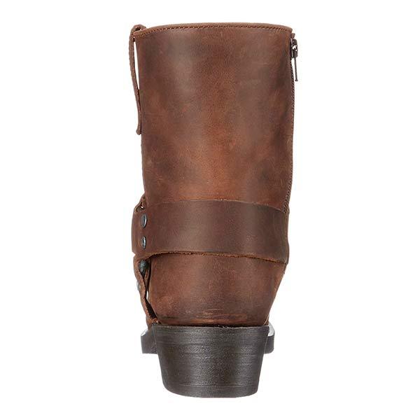 Stivale in pelle marrone da donna, vista posteriore, con cerniera laterale e tacco basso. Calzatura moda autunno-inverno, stile casual.