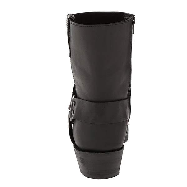 Stivale da motociclista in pelle nera, vista posteriore, con fibbia decorativa e tacco basso. Design robusto e resistente per uno stile biker autentico.