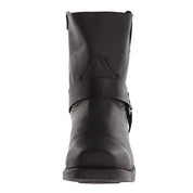 Stivale nero in pelle da motociclista, design robusto, fibbia laterale, suola resistente. Calzatura uomo, moda biker, stile casual.