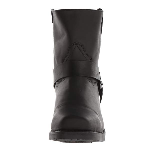 Stivale nero in pelle da motociclista, design robusto, fibbia laterale, suola resistente. Calzatura uomo, moda biker, stile casual.
