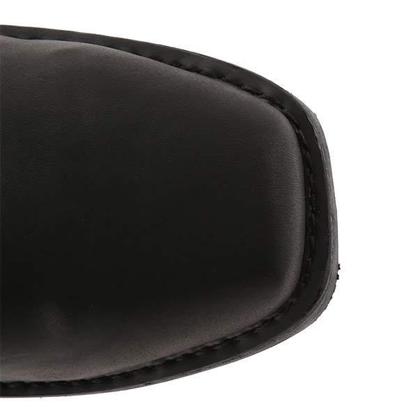 Punta stivale nero in pelle, design squadrato, cuciture robuste, moda uomo, calzature eleganti, alta qualità, stile classico.