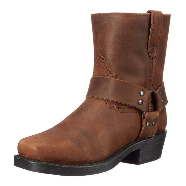 Stivale in pelle marrone da uomo, stile western, con fibbia decorativa e tacco basso. Calzatura robusta e alla moda per look casual e outdoor.