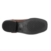Suola di scarpa in gomma nera, vista inferiore. Design antiscivolo, resistente e durevole. Ideale per calzature eleganti e casual.