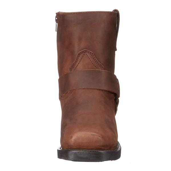 Stivale in pelle marrone da uomo, design robusto, suola nera antiscivolo, ideale per moto e outdoor. Calzature moda autunno-inverno.