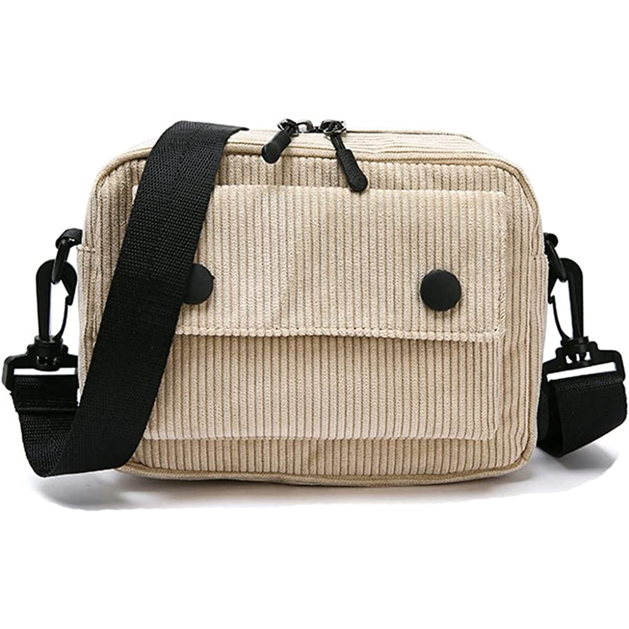 Borsa a tracolla in velluto a coste beige con tasca frontale, chiusura a zip, bottoni neri e tracolla regolabile. Accessorio moda casual.