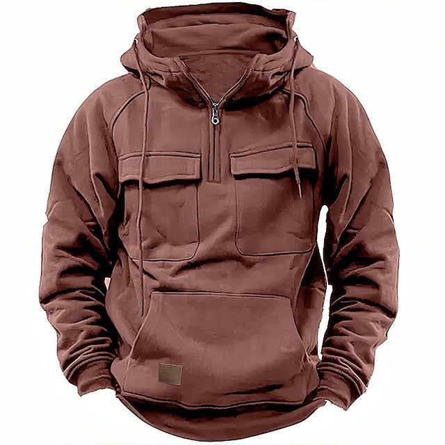 Felpa con cappuccio marrone, tasche frontali con zip, design casual, ideale per abbigliamento autunnale e invernale, moda uomo, stile urbano.