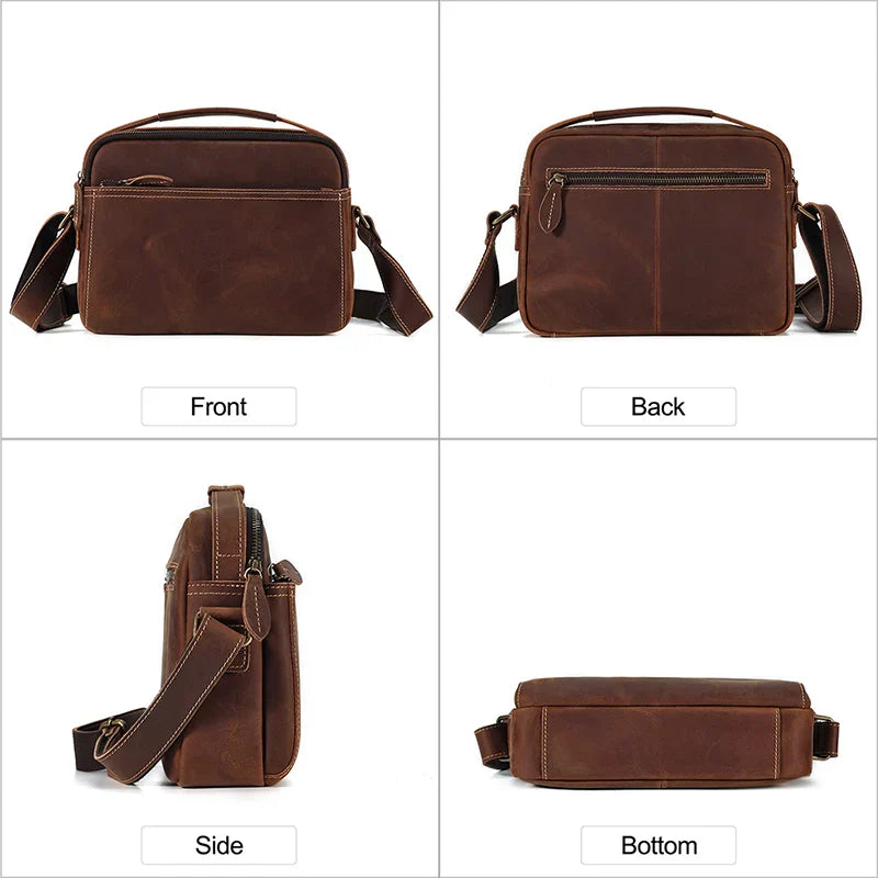Borsa a tracolla in pelle marrone, vista frontale, posteriore, laterale e inferiore. Design elegante, ideale per uomo, moda, accessori, viaggio.