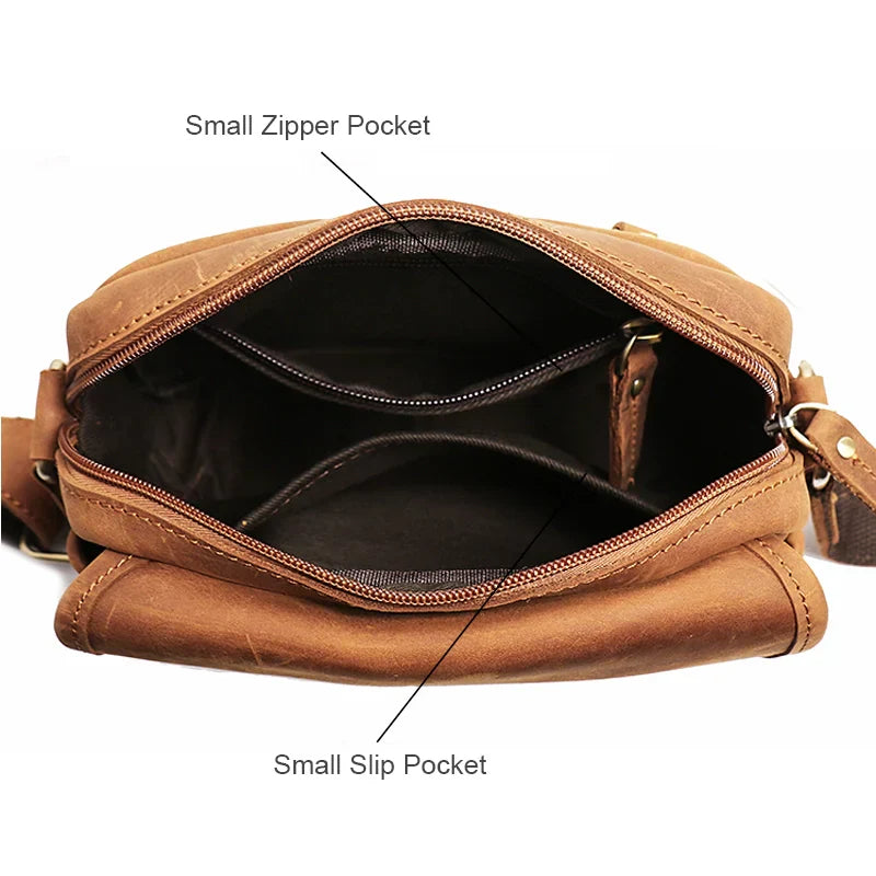 Borsa a tracolla in pelle marrone con tasca interna con cerniera e tasca a fessura. Design elegante, ideale per uomo e donna. Accessorio moda versatile.