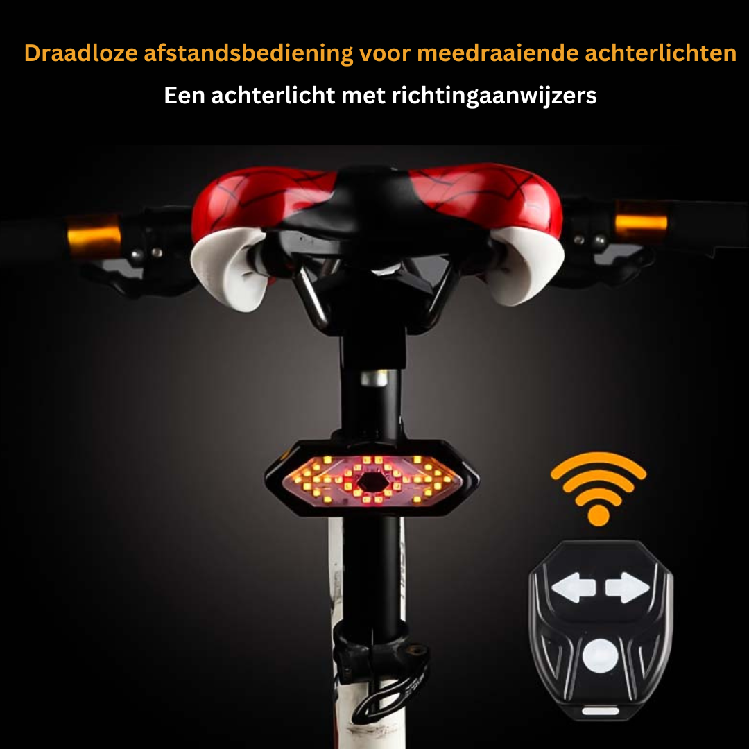 Luce posteriore per bicicletta con indicatori di direzione, controllo remoto wireless, montata sotto sella. Accessorio bici LED, sicurezza stradale.