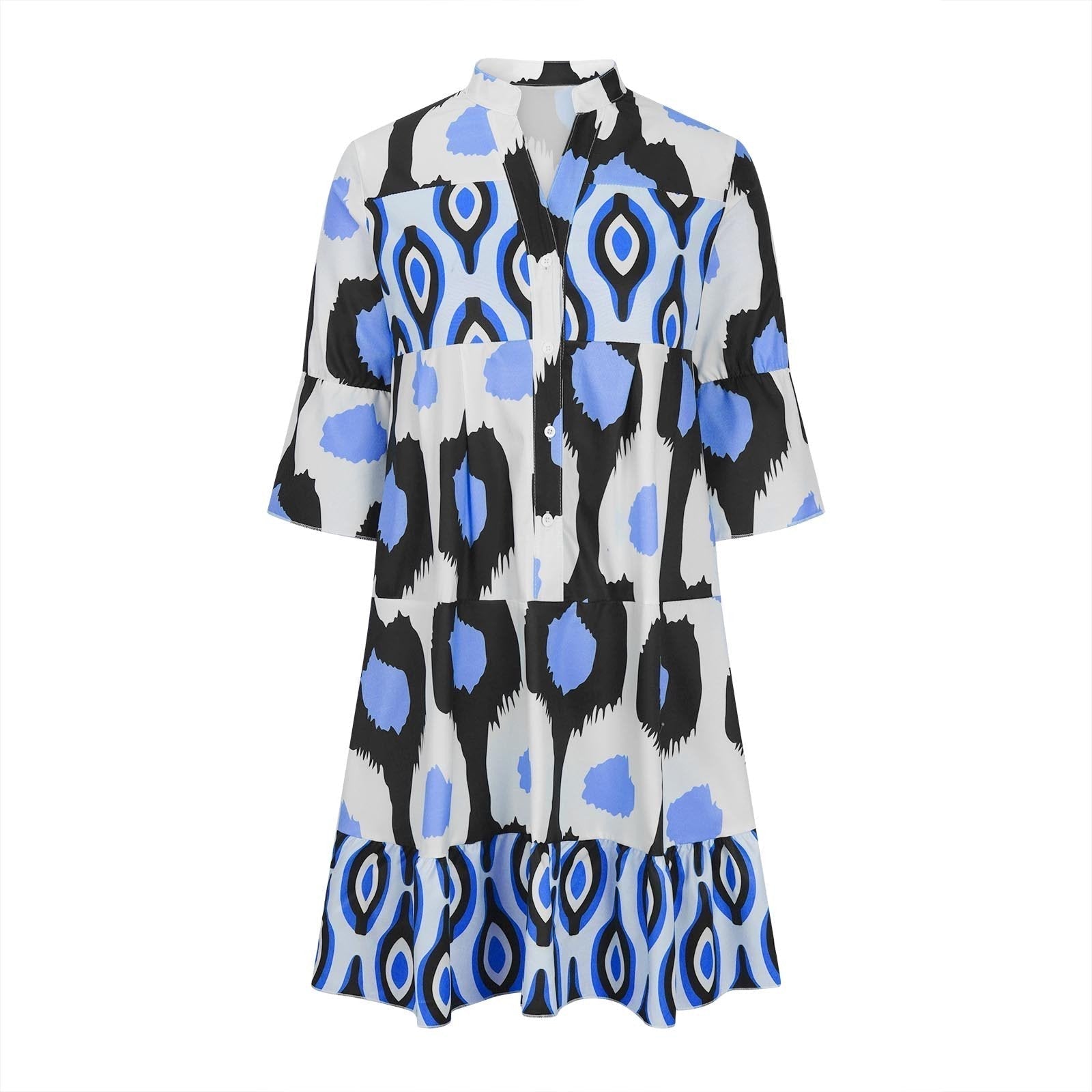 Vestito donna a maniche lunghe con stampa geometrica blu e nera su sfondo bianco, scollo a V, stile casual.