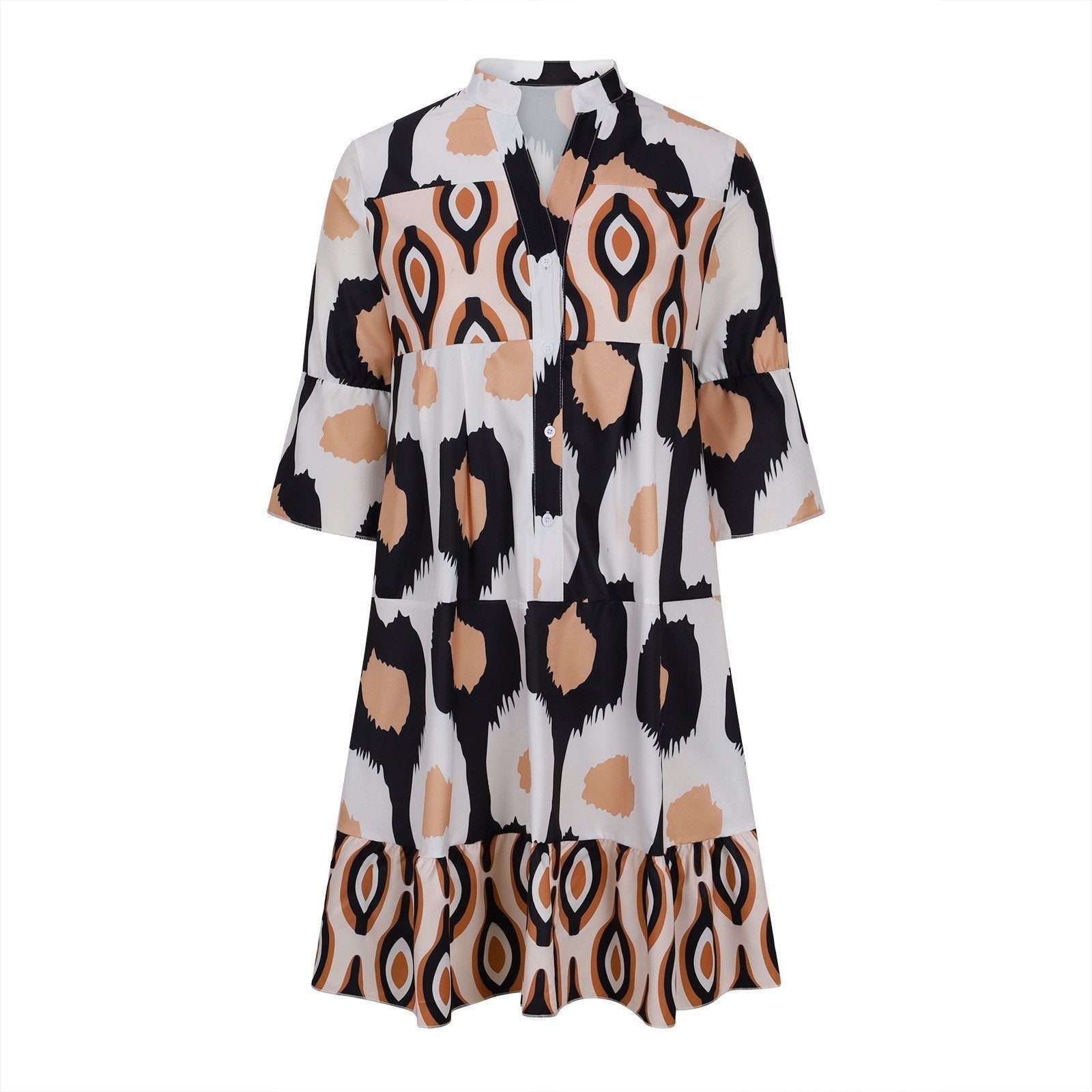 Abito chemisier donna, fantasia geometrica multicolore, maniche a tre quarti, colletto classico, ideale per moda casual e look estivi.