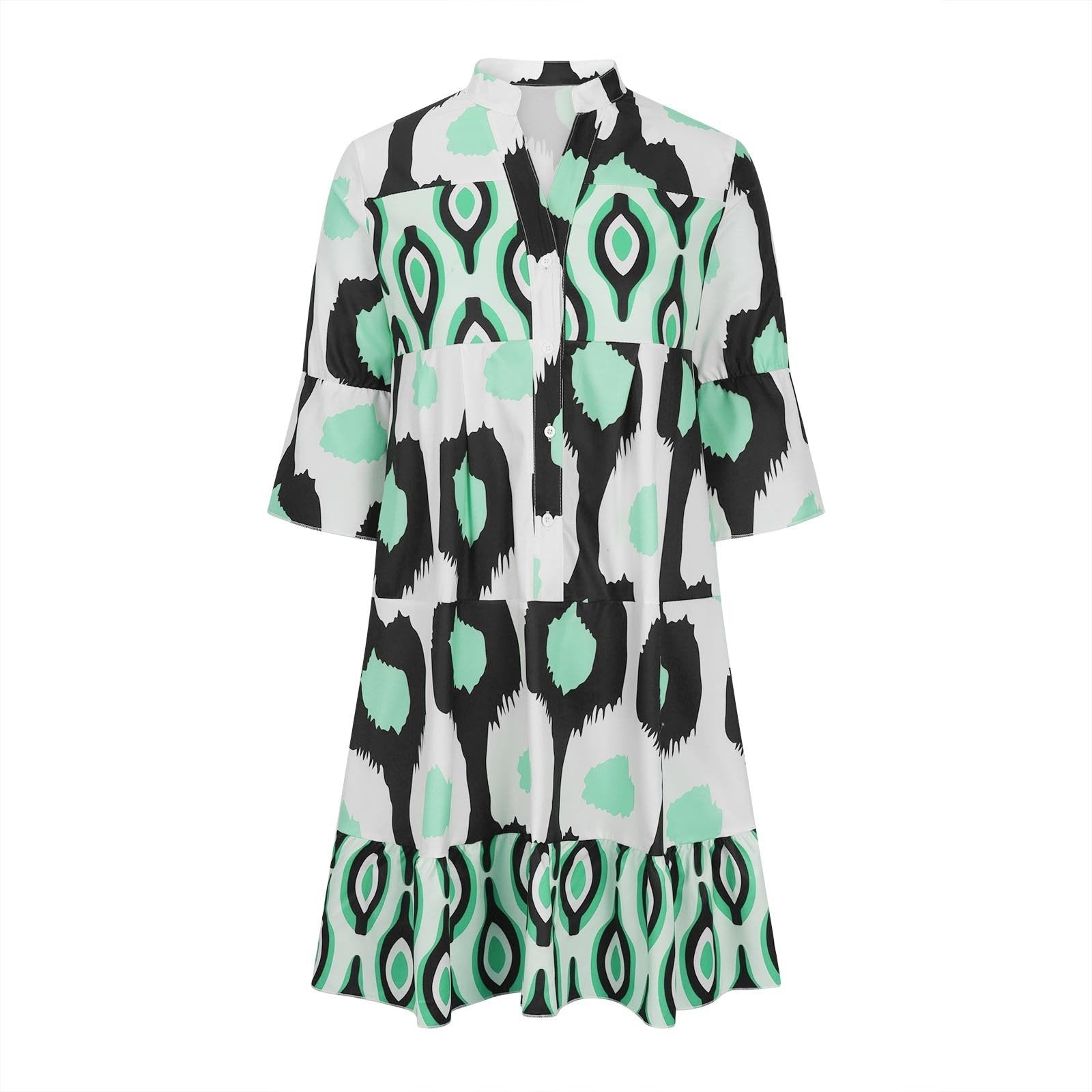 Abito corto donna con stampa geometrica verde, bianco e nero, maniche a tre quarti, scollo a V. Moda estiva, stile casual chic.