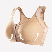 Reggiseno sportivo beige con chiusura frontale, supporto rinforzato e design traspirante. Ideale per attività fisica e comfort quotidiano.