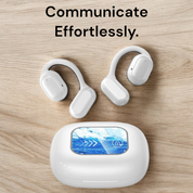 Auricolari wireless bianchi con custodia di ricarica su sfondo in legno chiaro, testo "Communicate Effortlessly" sopra. Design moderno e compatto.
