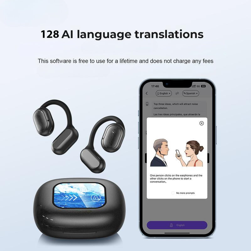 Auricolari wireless neri con custodia di ricarica e smartphone che mostra traduzione AI. Tecnologia avanzata, traduzioni in 128 lingue.