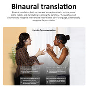 Due persone con auricolari discutono utilizzando la traduzione binaurale. Tecnologia di traduzione simultanea, comunicazione multilingue.