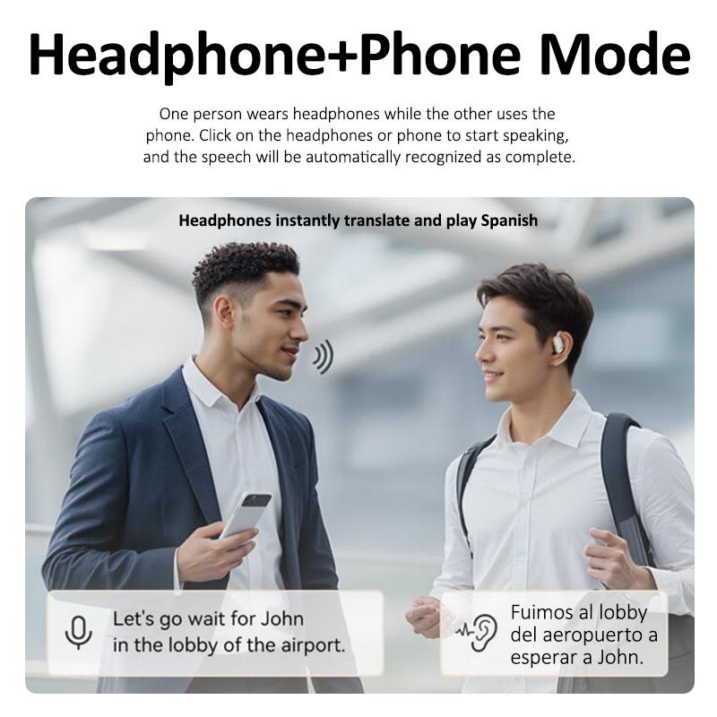 Due persone comunicano con traduzione istantanea tramite cuffie e smartphone in modalità "Headphone+Phone", ideale per viaggi e aeroporti.