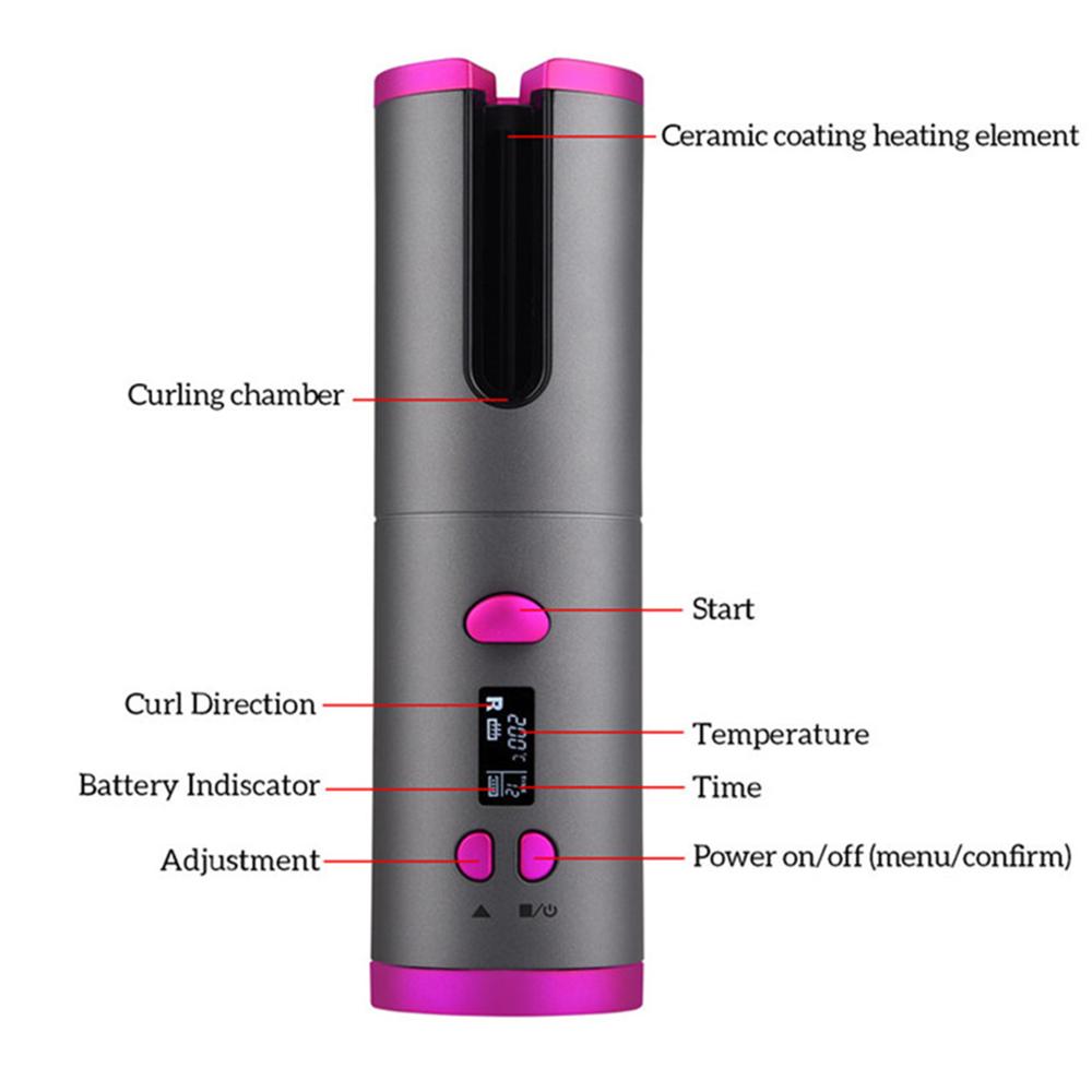Arricciacapelli automatico portatile con rivestimento in ceramica, display digitale, indicatore batteria, regolazione temperatura e direzione riccio.