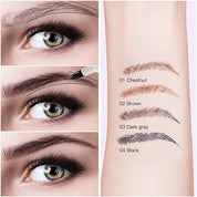 Matita sopracciglia waterproof, quattro colori: castagna, marrone, grigio scuro, nero. Swatch su pelle, trucco occhi definito, lunga durata.
