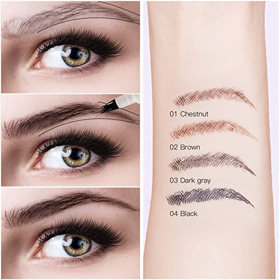 Matita sopracciglia waterproof, quattro colori: castagna, marrone, grigio scuro, nero. Swatch su pelle, trucco occhi definito, lunga durata.