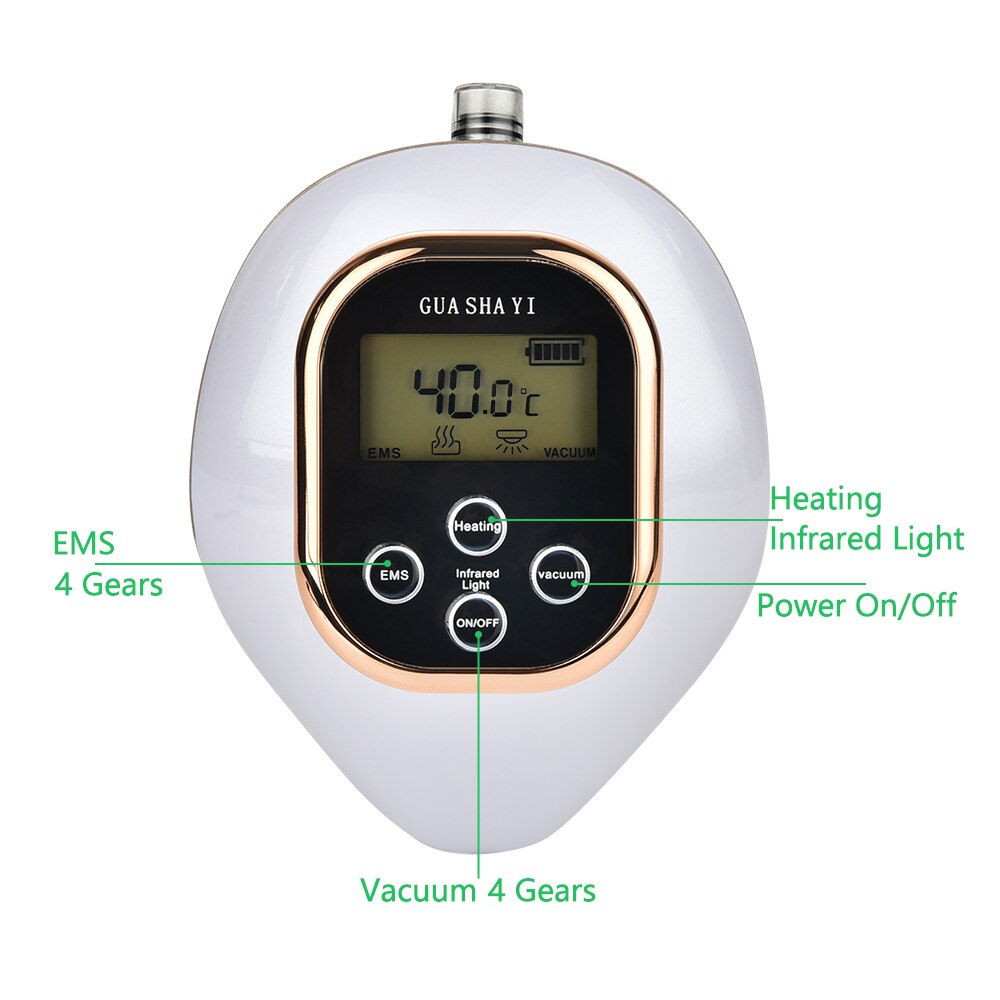 Dispositivo massaggio Gua Sha elettrico, display LCD, funzioni EMS, luce infrarossa, riscaldamento, aspirazione, 4 livelli, pulsante accensione/spegnimento.