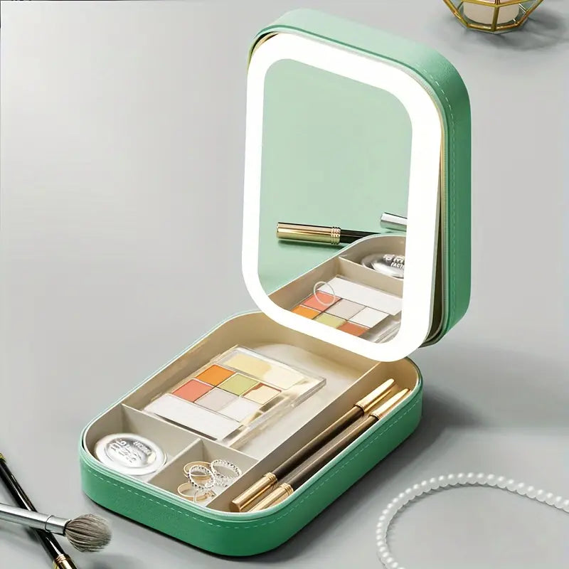 Specchio portatile verde con luci LED, contenitore per trucchi e gioielli, include pennelli, ombretti e anelli. Accessorio da viaggio elegante.