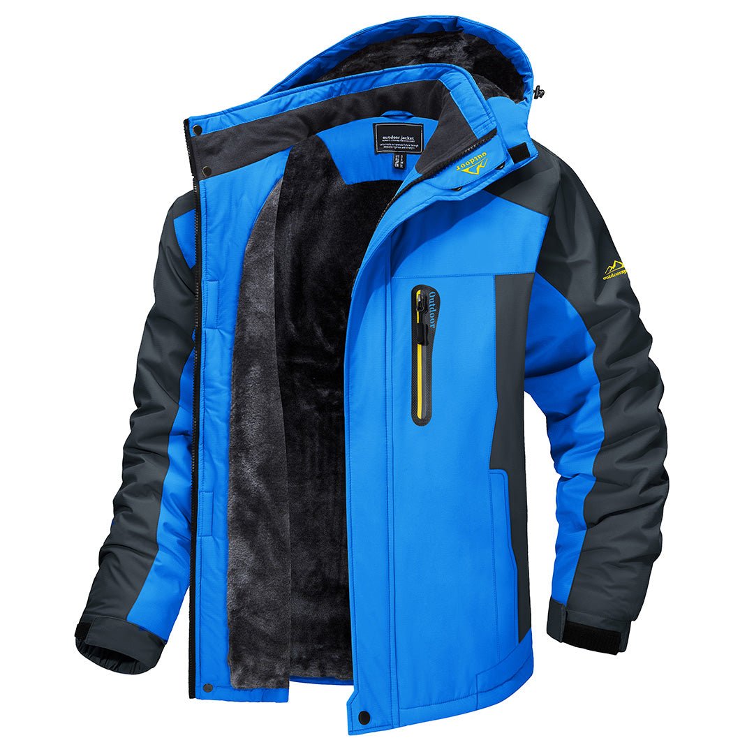 Giacca invernale da uomo blu e nera, impermeabile, con cappuccio e fodera in pile. Ideale per escursioni e sport all'aperto.