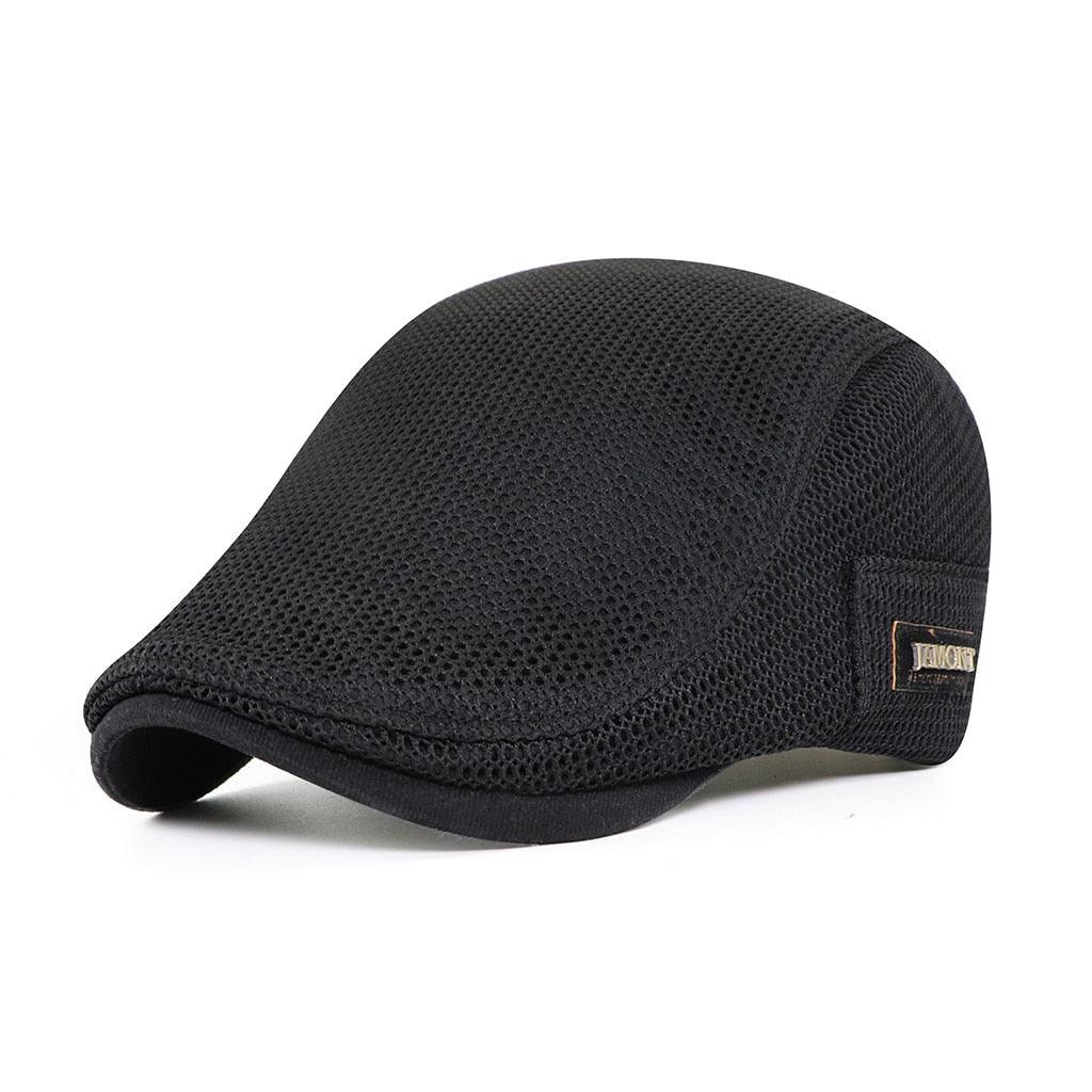 Cappello piatto uomo nero, stile berretto da golf, tessuto a rete traspirante, elegante e casual, ideale per tutte le stagioni.