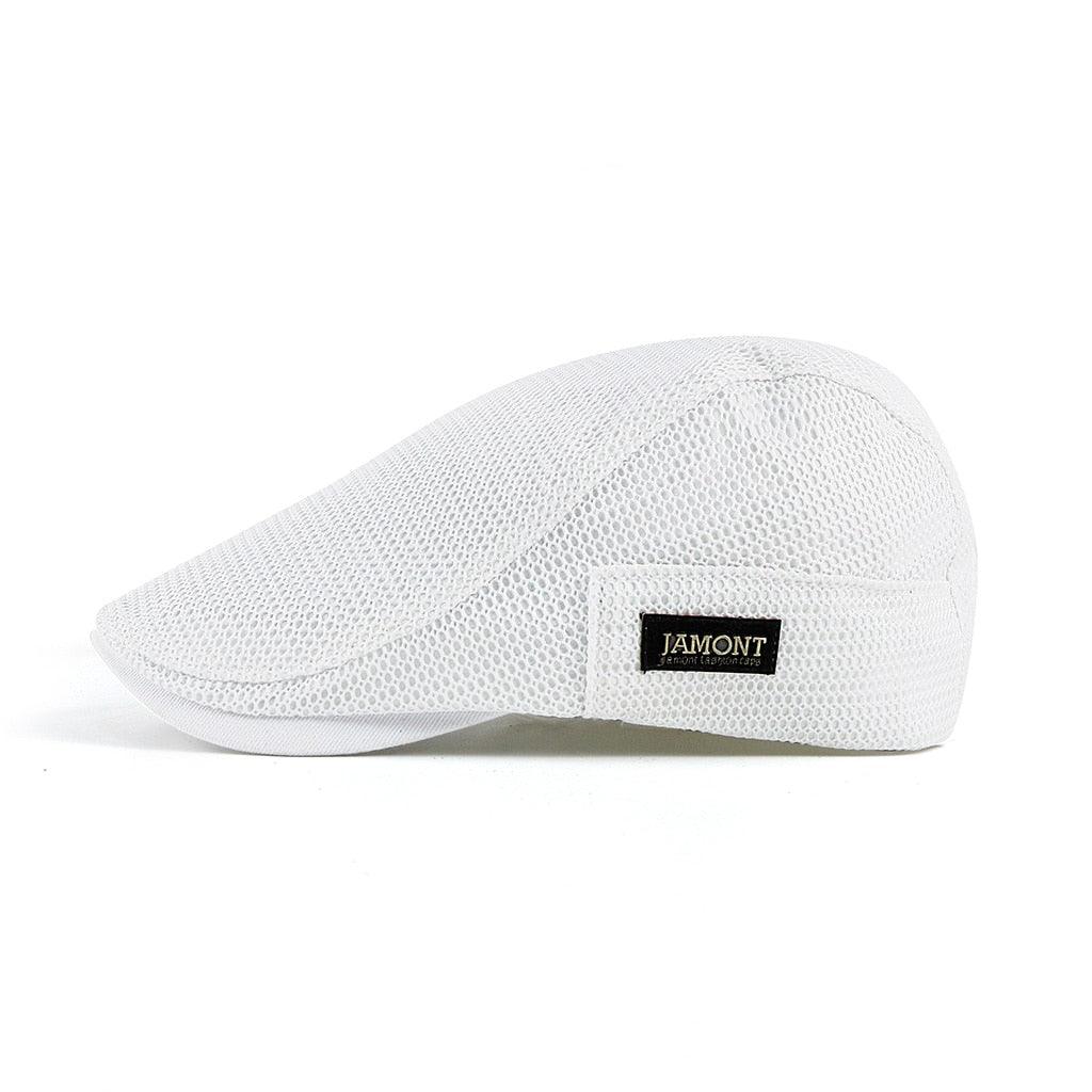 Cappello piatto bianco in rete traspirante, marchio Jamont, stile estivo, leggero e alla moda, ideale per uomo, accessorio casual elegante.