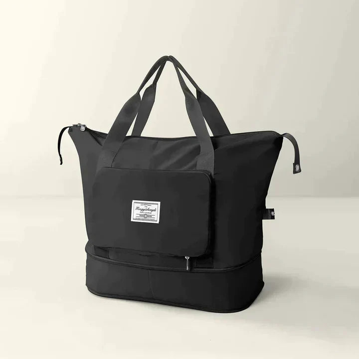Borsa da viaggio nera in nylon con manici resistenti, tasca frontale con zip e scomparto inferiore. Design elegante e funzionale per viaggi e palestra.