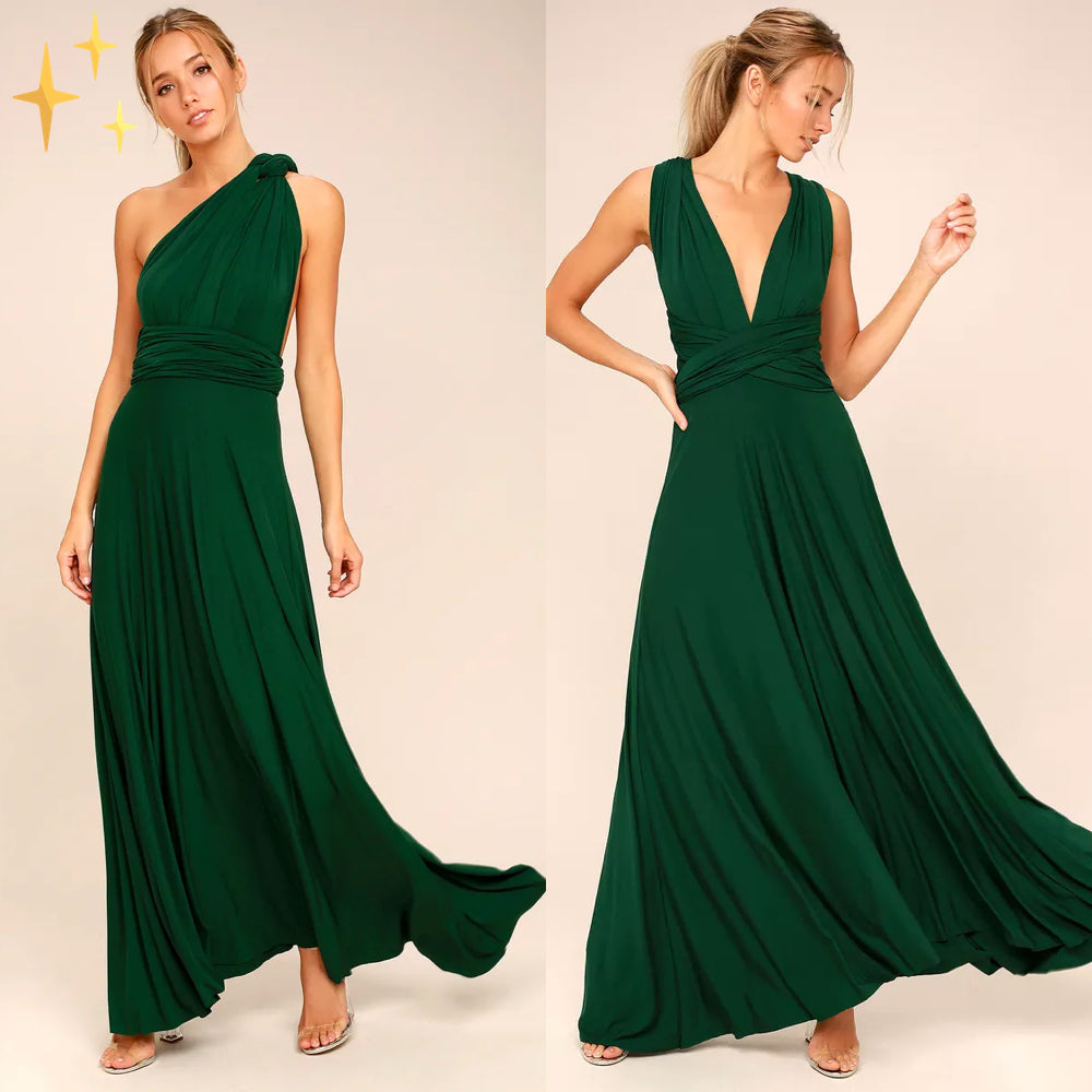 Abito lungo verde elegante, design versatile con scollo a V e monospalla, perfetto per cerimonie e serate. Tessuto fluente e raffinato.