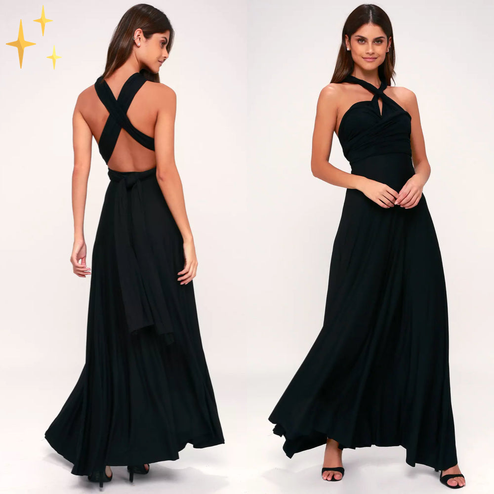 Abito lungo nero elegante con scollo all'americana e schiena scoperta, indossato da modella. Perfetto per serate formali e cerimonie.
