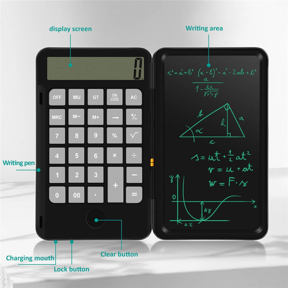 Calcolatrice tascabile con schermo LCD e area di scrittura digitale, include penna e funzione di blocco. Ideale per studenti e professionisti.
