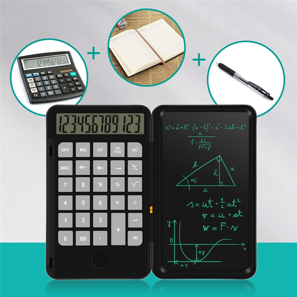Calcolatrice scientifica multifunzione con lavagna LCD, penna e quaderno. Ideale per studenti, ufficio e scuola. Accessori inclusi.