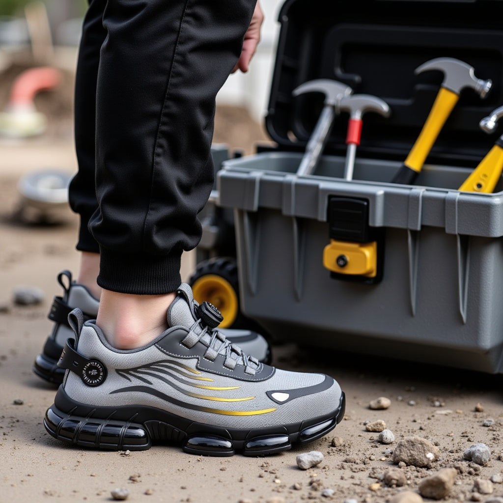 Scarpe da ginnastica grigie con dettagli gialli su terreno ghiaioso, vicino a cassetta degli attrezzi con martelli. Scarpe sportive moderne e resistenti.