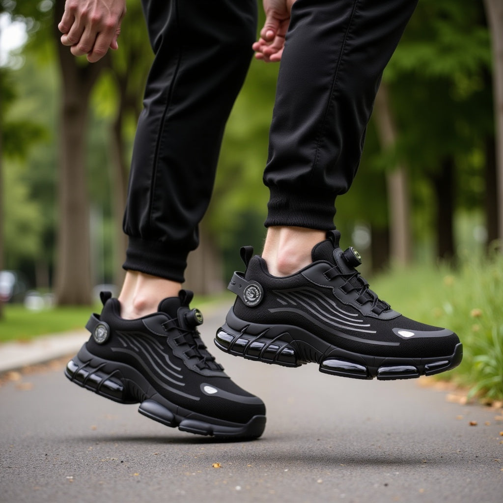 Scarpe da ginnastica nere su strada, design moderno e suola ammortizzata, perfette per corsa e sport all'aperto. Uomo in pantaloni sportivi neri.