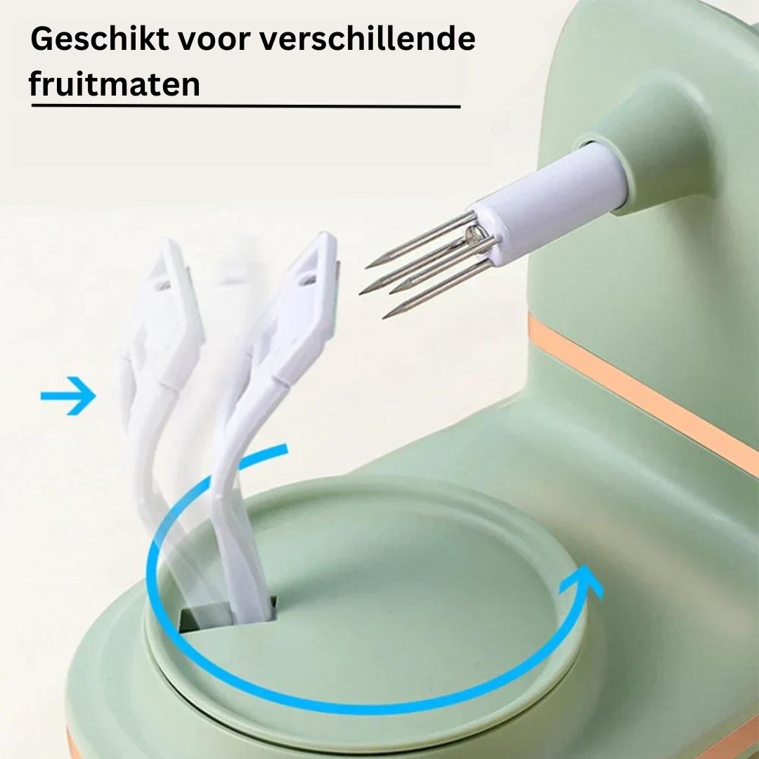Dispositivo sbucciatore automatico verde per frutta, adatto a diverse dimensioni. Utensile da cucina innovativo con lame rotanti.