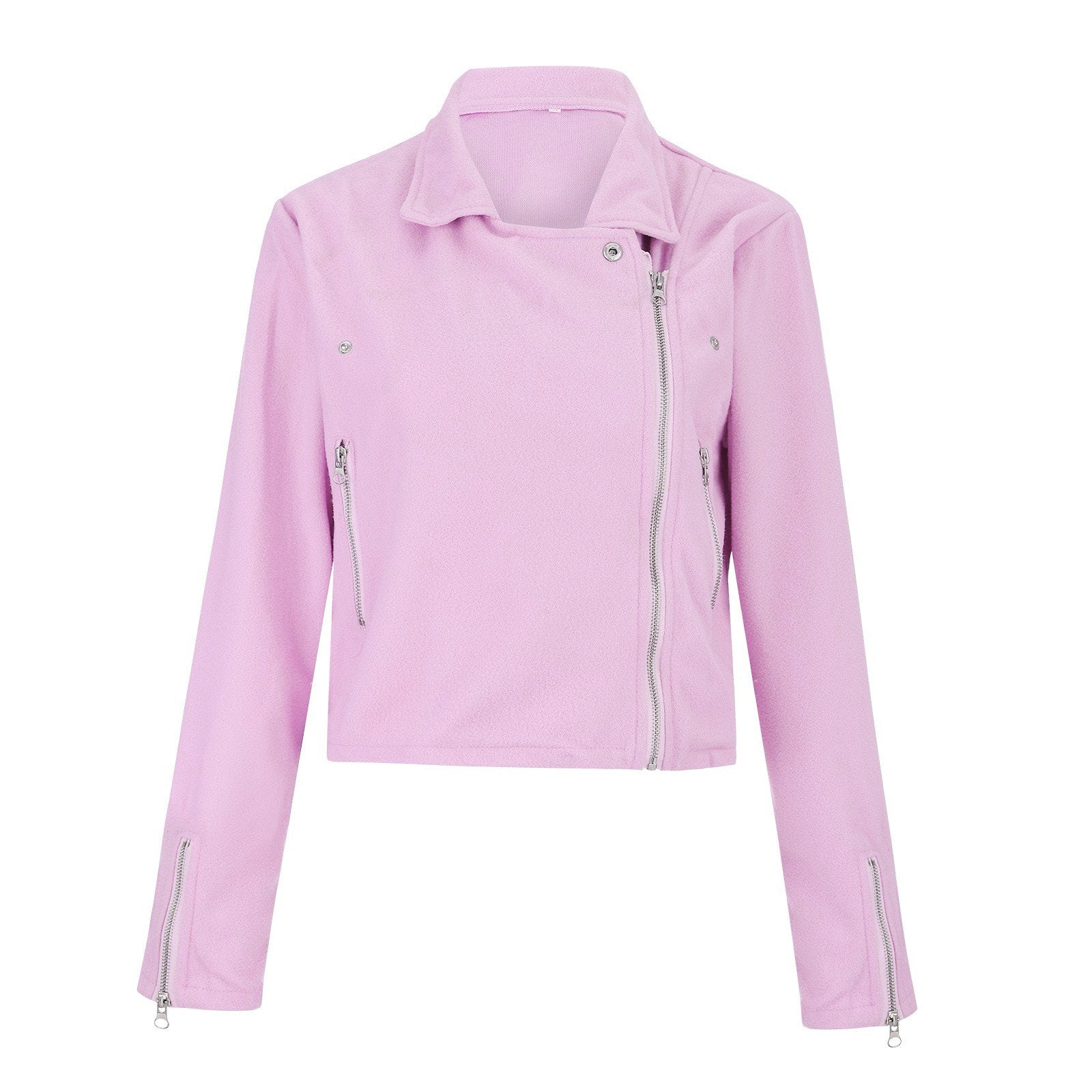 Giacca biker donna rosa pastello, zip asimmetrica, maniche lunghe, tasche con cerniera. Stile casual, moda femminile, abbigliamento trendy.