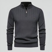 Maglione uomo grigio scuro con zip, collo alto, design a righe verticali, maniche lunghe, elegante e casual, perfetto per l'autunno e l'inverno.