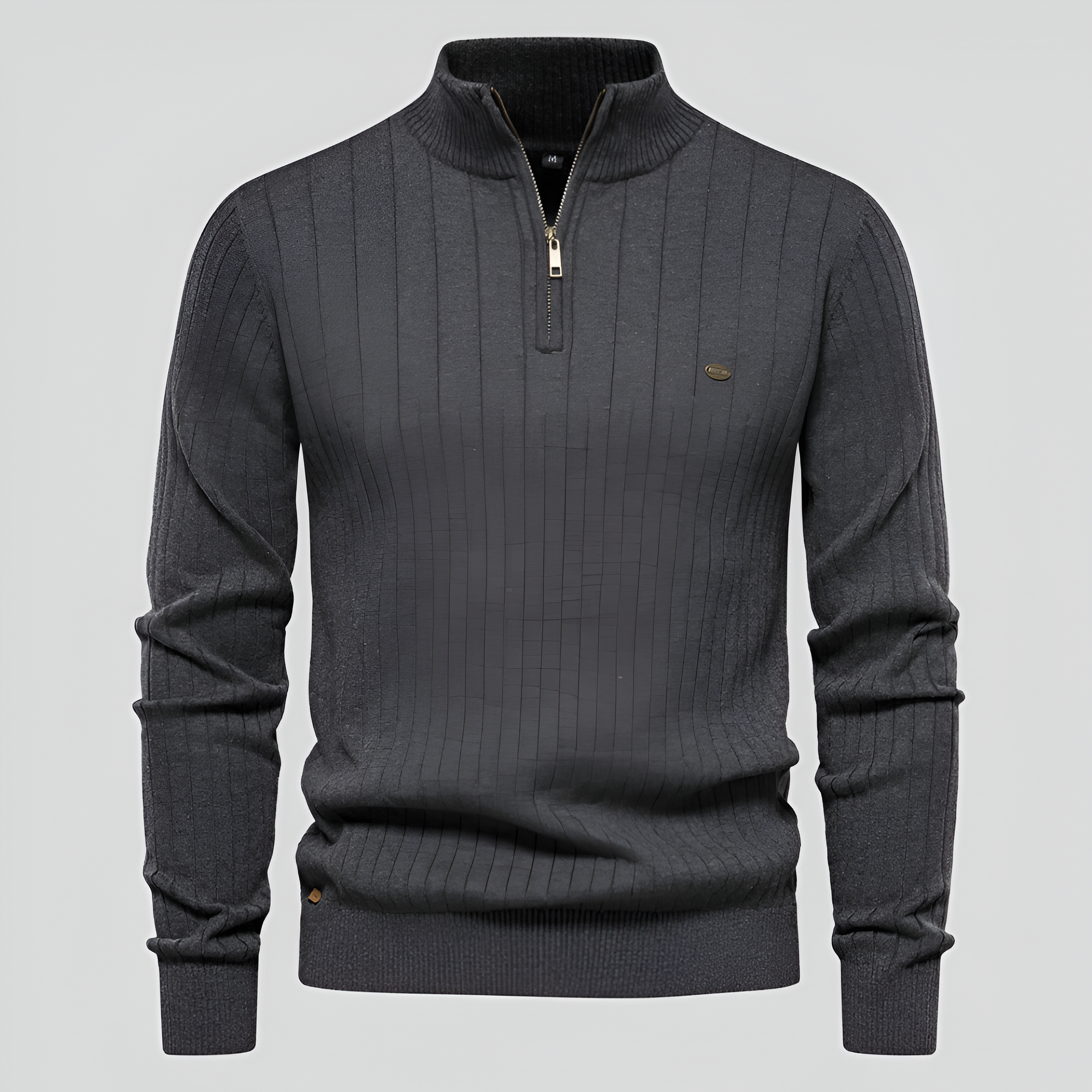 Maglione uomo grigio scuro con zip, collo alto, design a righe verticali, maniche lunghe, elegante e casual, perfetto per l'autunno e l'inverno.